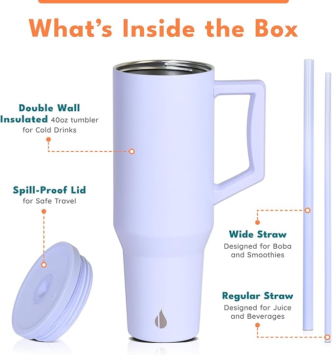 Elemental 40 oz Tumbler with Handle and Straw - Spill Proof Insulated Stainless Steel Commuter for Cold Beverages - Travel Coffee Mug with 2 Straws & Spill Proof Lid - 40oz - Ice Blue
