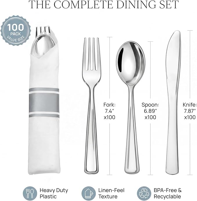 Liacere 100 Pack Silver Plastic Silverware-Pre Wrapped cutlery and Napkin-Pre Rolled Silverware Disposable 100 Forks, 100 Knives 100 Spoons, 100 Napkins Plastic Utensils＆Wedding