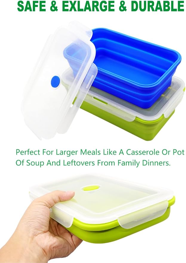 Set of 2 Extra Large Collapsible Silicone Food Storage Containers With Lids, 82.8oz + 60.2oz Meal Prep Bento Lunch Boxes, Microwave,Dishwasher and Freezer Safe For Kitchen, Camping, BPA Free