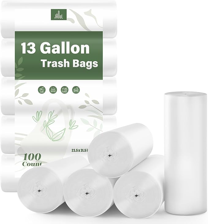 Jaoul Garbage Bags 13 Gallon Tall Kitchen, Extra Strong Kitchen Trash Bags, 0.97 Mil Thicken Garbage Bags, Large Lawn Trash Can Liners Unscented (White, 100 Counts)