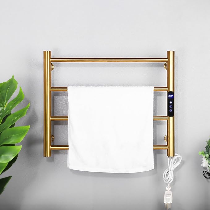 Heated Towel Rack Gold, 4 Bars Towel Warmer Rack for Bathroom Wall Mounted, Timer & Temperature Control Electric Towel Rack (4 Bars Brushed Gold, Plug-in)