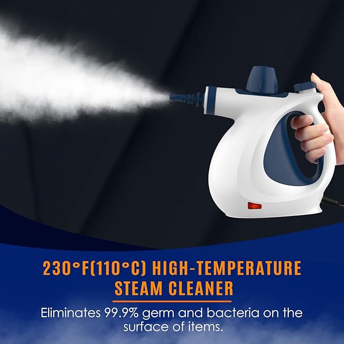 Pressurized Handheld Multi-Surface Natural Steam Cleaner with 12 pcs Accessories, Multi-Purpose Steamer for Home Use, Steamer for Cleaning Floor, Upholstery, Grout and Car (Grey) (White&Blue)