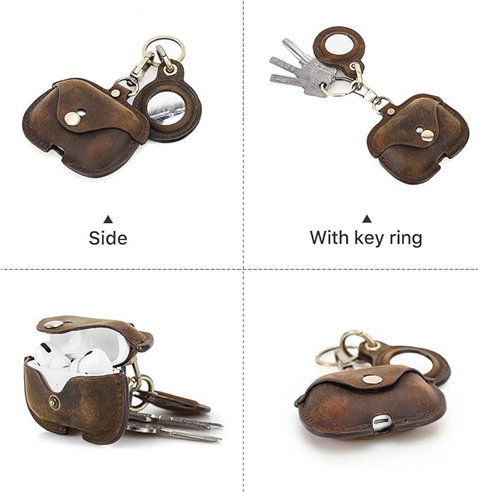 [3 in 1] TSVSXS Leather Case Compatible with AirPods Pro 2nd/1st Generation/Compatible with Airtags, Soft Genuine Leather PU Protective Cover with Keychain Cleaning Kit