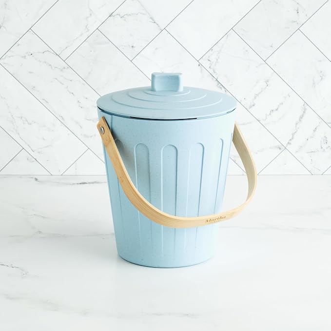 Martha Stewart Indoor Compost Bin Starter Bundle | Countertop Composting Bucket for Kitchen | .7 Gallon Capacity | Includes 6 Filters and Silicone Liner Bag | Plant Based Materials | Light Blue