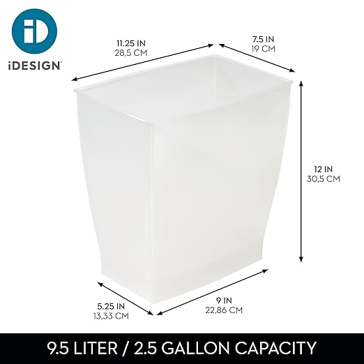 iDesign Small Plastic Bathroom Trash Can, Slim Rectangle Garbage Bin for Bedroom, Office, Dorm, 2-Pack, Frost