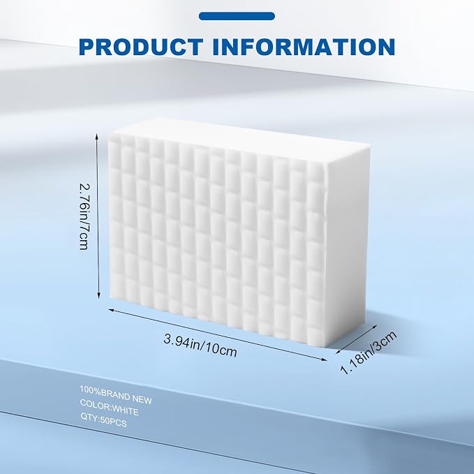 50-Pack Extra-Thick Melamine Sponges 3.94" 2.76" 1.18" Durable Kitchen & Bathroom Cleaning Pads Powerful, Non-Scratch, Water-Activated Magic Sponge