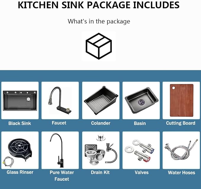 Black Waterfall Kitchen Sink, Drop in Single Bowl Stainless Steel Bar Sink with Cup Washer Sinks, Topmount Workstation Kitchen Sink with Accessories (Size : 33.5 x 17.7in)