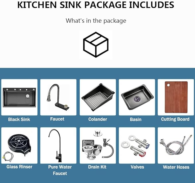 Black Waterfall Kitchen Sink, Drop in Single Bowl Stainless Steel Bar Sink with Cup Washer Sinks, Topmount Workstation Kitchen Sink with Accessories (Size : 31.5 x 17.7in)