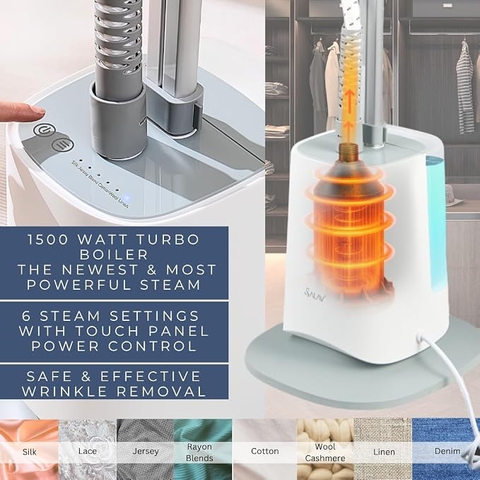 SALAV Standing Garment Steamer w/Smart Auto-Off, 1500W Powerful Steam, Adjustable Ironing Board, 6 Steam Settings for Various Fabric Types, LED Display, Fast Wrinkle Removal for Home & Business Use