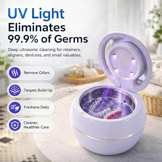 Ultrasonic Retainer Cleaner Machine with 3 Retainer Cleaning Tablets - 45kHz Dental Cleaning Pod with 2 Modes, Deep Cleaning Ultrasonic Cleaner for Dentures, Aligners, Mouth Guards