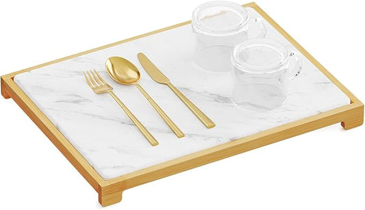 SpaceAid Bamboo Rack Dish Pad, Instant Dry Diatomaceous Earth Mat for Kitchen Counter, Stone Dish Fast Drying Mat Board (15.8 x 11.8 inch, White Marble)
