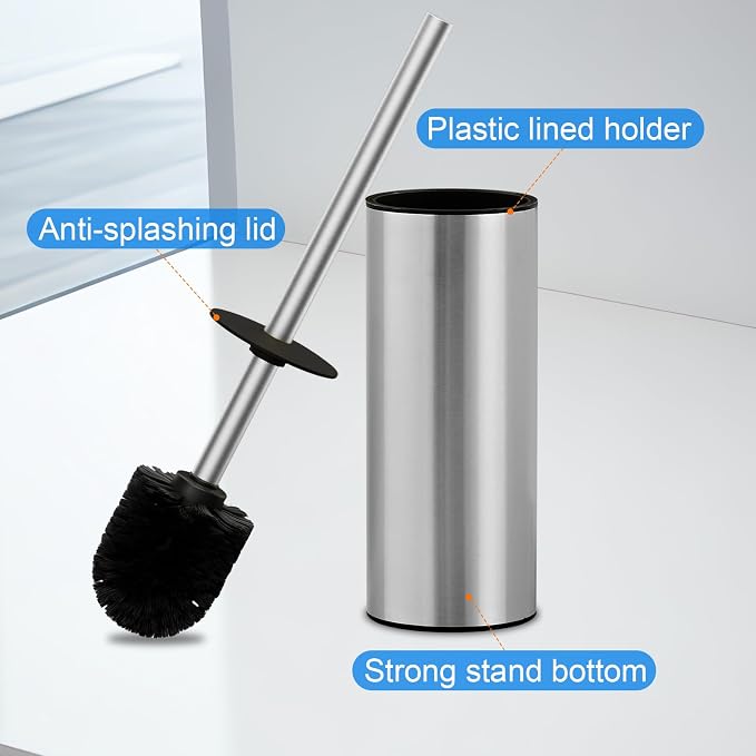 304 Stainless Steel Toilet Brush and Brush Holder Set, Circular Floor Toilet Brush Holder, Long Handle, Bathroom Heavy-Duty Cleaner, High-End Cylinder Wall, 2 Brush Head (Brushed) YIGUANXIN