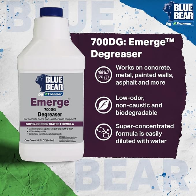 Blue Bear 700DG Emerge Degreaser Low-Odor, Biodegradable Cleaner Removes Oil, Grease, Dirt & Grime from Concrete, Tile, Wood, Stone & Tools Safe for Industrial Strength & Everyday Cleaning 1 Qt