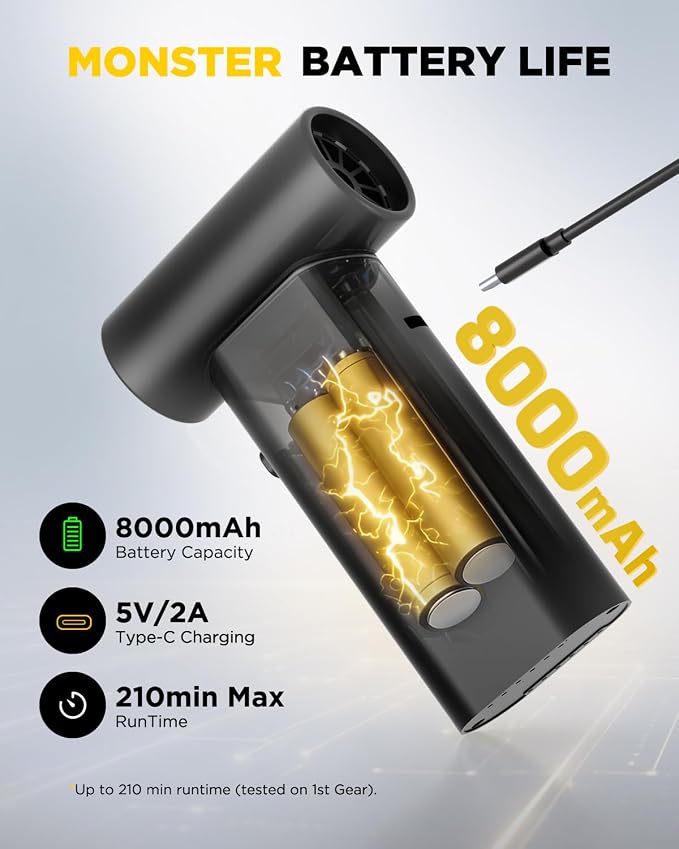 2-in-1 Compressed Air Duster & Car Vacuum Cordless Rechargeable, 160000RPM Electric Air Duster, Aluminum Mini Vacuum Keyboard Cleaner for PC, Computer, Home, Outdoor & Car Detailing (Jet Black)