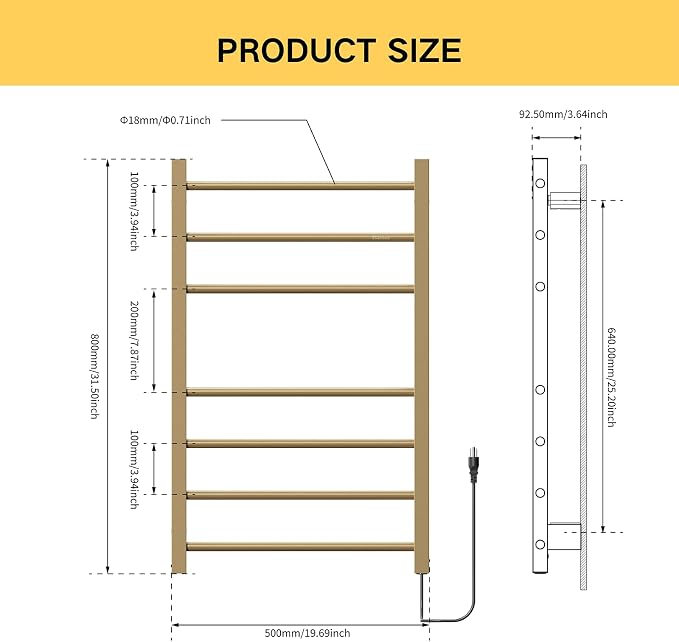 Z&Zhanle Electric Heated Towel Rack, Gold Finish, Wall Mounted Bathroom Warmer with Temperature Control, (Energy Efficient) with 7-Bar & Aluminum Frame for Bathroom