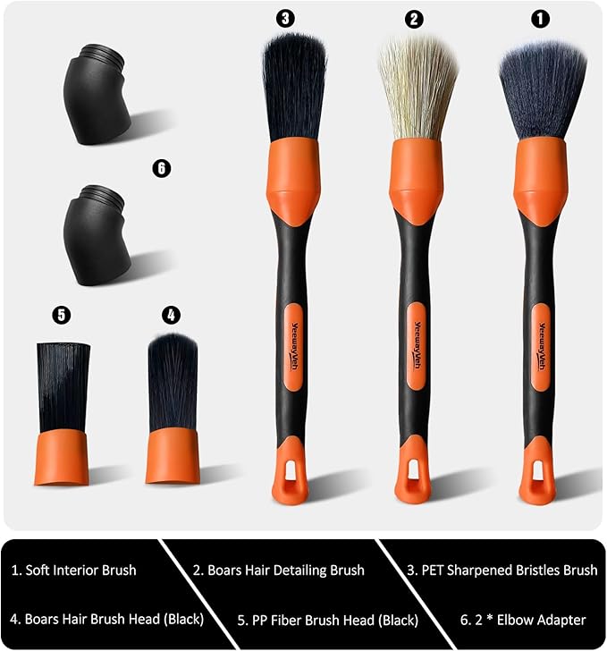 YeewayVeh Car Detailing Brush Set, 5Pcs Car Detailing Brushes with 2 Elbow, 2pcs Boars Hair, 1pc Ultra Soft Detail Brush for Dashboard Air vent Leather Seat, 2pcs Detailing Brush for Interior Exterior