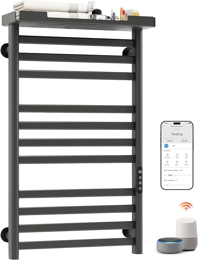 ENZE Smart Heated Towel Rack, 11-Bar Wall-Mounted Electric Towel Warmer with Shelf, Wi-Fi App Control, Adjustable Temperature & 24H Timer, Low Carbon Steel, IPX5, Plug-in/Hardwired, Gray