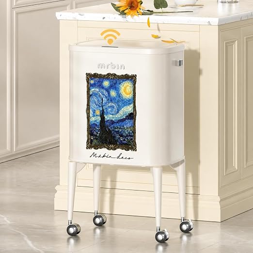 MRBIN Metal Motion Sensor Kitchen Trash Can with Wheel Legs, 36L / 9.5gal Medium Press Lid Slim Waste Basket. Narrow Garbage Pail for Vanity, Living Room, Bathroom, Bedroom, Starry Night