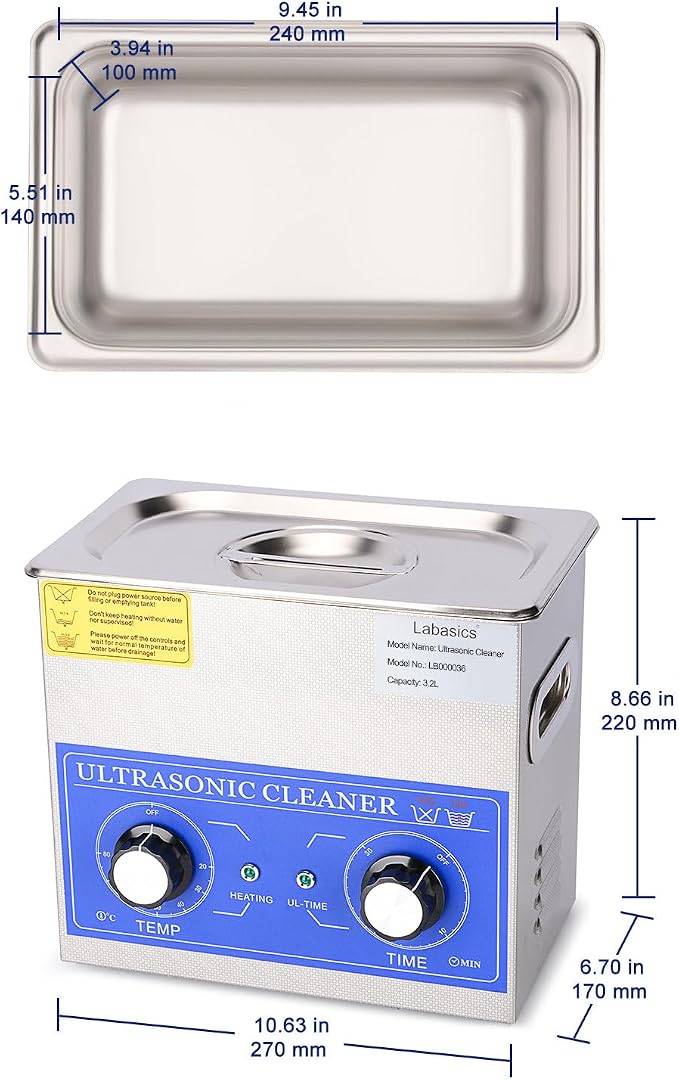 Labasics Ultrasonic Cleaning Machine, 304 Stainless Steel All-purpose Ultrasonic Washing Device with Mechanic Control Panel of Heating and Timer for Laboratory 40kHz 110V, 3.2L