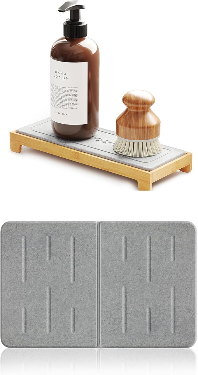 SpaceAid Instant Dry Sink Caddy Organizers with Bamboo Rack Soap Holder Dispenser Stone Bath Mat Drying Large Non Slip