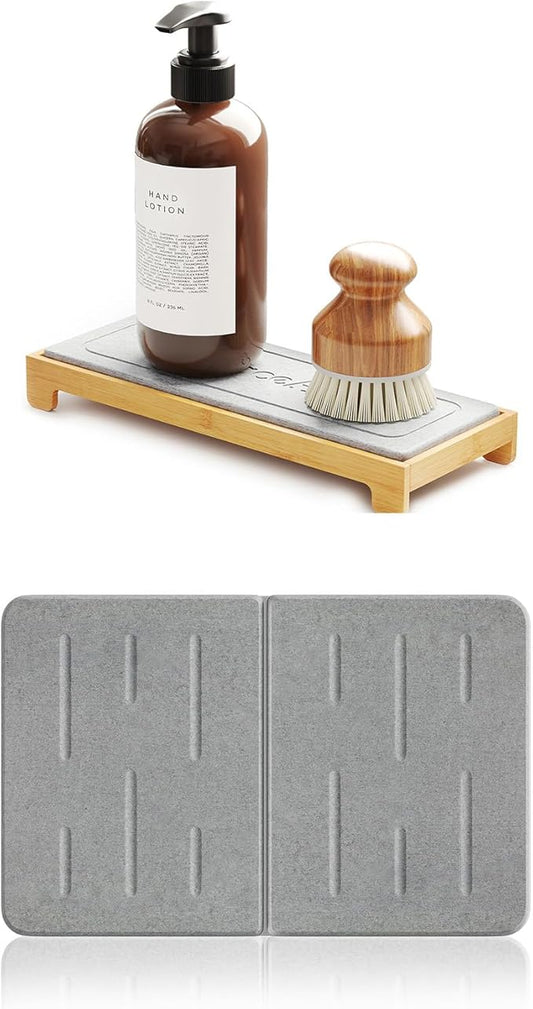 SpaceAid Instant Dry Sink Caddy Organizers with Bamboo Rack Soap Holder Dispenser Stone Bath Mat Drying Large Non Slip