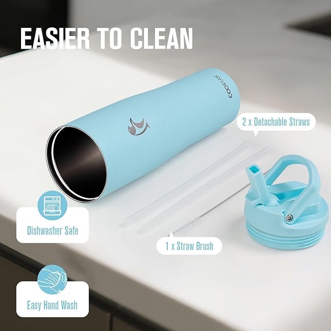 Coolflask Water Bottle 40 oz Fits Car Cup Holder, Slim Tumbler Stainless Steel with Straw & Handle, Vacuum Flask Leakproof Wide Mouth for Travel Sports Gym, Blue