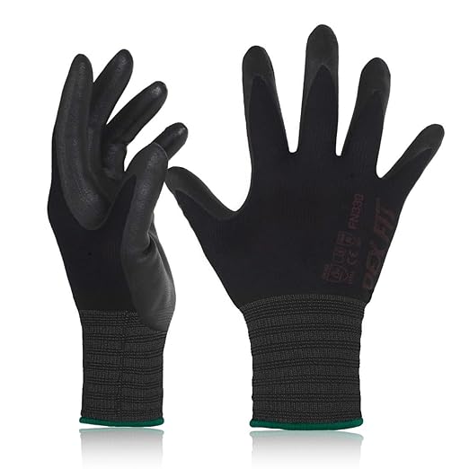 DEX FIT Nitrile Work Gloves FN330, 1 Pair, 3D-Comfort Stretchy Fit, Firm Grip, Thin & Lightweight, Touch-Screen Compatible, Durable, Breathable & Cool, Machine Washable; Black M (8)