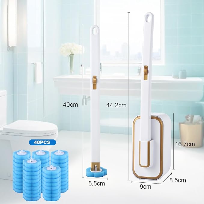 Disposable Toilet Brush with 48 Refills, Bowl Toilet Brush with Wall Mounted Holder, Limescale Remover Cleaning for Hygienic Bathroom Cleaning