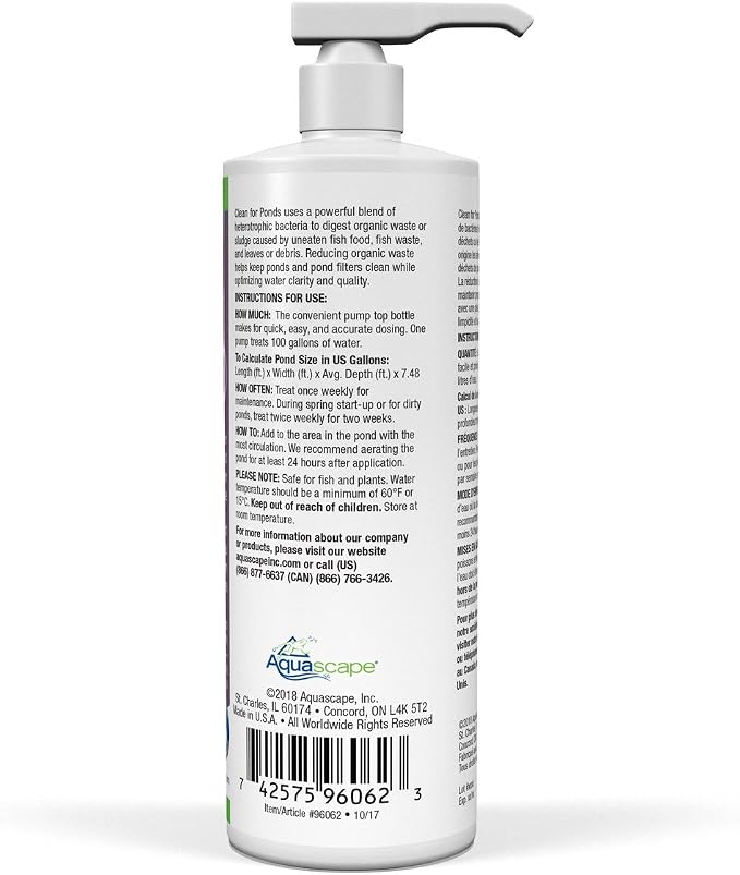 Aquascape Clean Water Treatment for Koi and Fish Ponds, Optimize Water Clearity and Quality, Easy to Use, Powerful Blend of Heterotrophic Bacteria, 16 Ounce / 473-ml | 96062
