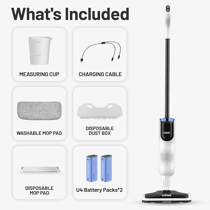 LiTHELi Cordless Vacuum Mop Cleaner, 2-in-1 Hard Floor Stick Vacuum, Wet Dry Mop, 2 Disposable Dust Boxes, 14 Disposable Pads & 1 Washable Pad, 2 Swappable 4000mAh Batteries