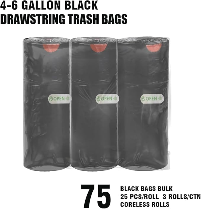 BEIDOU-PAC 4-6 Gallon Trash Bags Drawstring, 75 Count Bulk, Black & Unscented Multi-purpose Garbage Bags for Business Home Bathroom Kitchen Commercial and Industrial