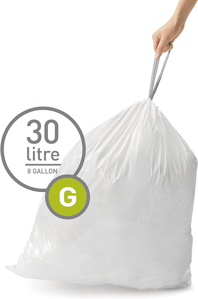 simplehuman Code G 60 Count, Dispenser Pack Custom Fit Liners, Drawstring Trash Bags, 30 Liter / 8 Gallon, White