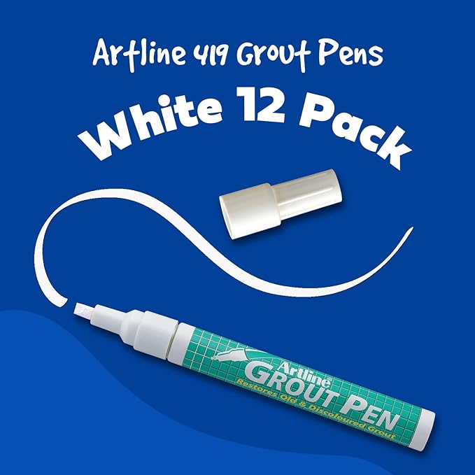Artline 419 Grout Pen White | Restore Old Grout, Looks Like New | Instant-Drying | Waterproof | Pack of 12 | 2.0-4.0mm Chisel Tip | White