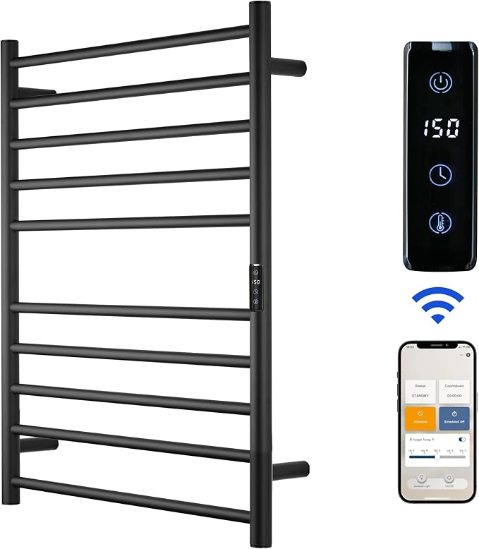 Electric Towel Rack with Voice Control for Alexa & Google Home,TUYA-Wall-Mounted Bathroom Heating Towel Warmer,Stainless Steel Material,31.5x20.08x4.41in,Plug-in,Black,10 Bars