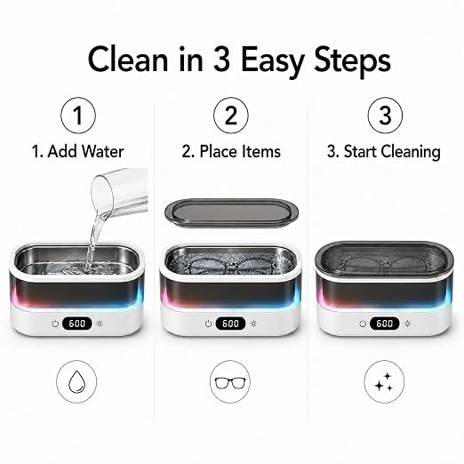 Ultrasonic Cleaner for Jewelry, Glasses & Retainers, 48kHz Sonic Cleaning Machine with 7-Color LED Ambient Light, Digital Timer, Quiet Deep Cleaner for Rings, Dentures & Watches（White）