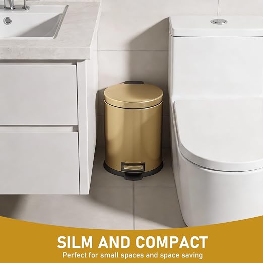 SIMPLYKLEEN Bathroom Trash Can with Lid - 2PC 1.3 Gallon/ 5L Oval Small Trash Can with Soft-Close Lid, Foot Pedal, Brushed Stainless Steel, Removable Liner, Garbage can for Kitchen, Office, Home Gold