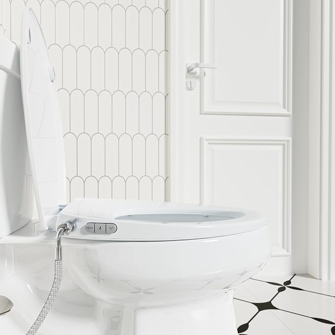 Clirass Bidet Toilet Seat, Soft Close Toilet Seat, Button control Feminine/Posterior Wash Switch, Knob Control Water Pressure,White Bidet Seat Attachment with Brass inlet (Elongated-D)