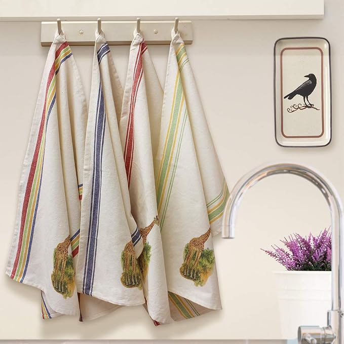 Custom Decor Kitchen Towels Giraffe Vintage Look Animals Wild Animals Cleaning Supplies Dish Towels Green Stripe Design Only