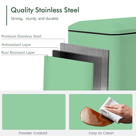5 Liter / 1.3 Gallon Trash Can with Removable Liner, Soft Close lid & Step Pedal, Stainless Steel Trash Bin for Bathroom,Bedroom,Home Office,Green