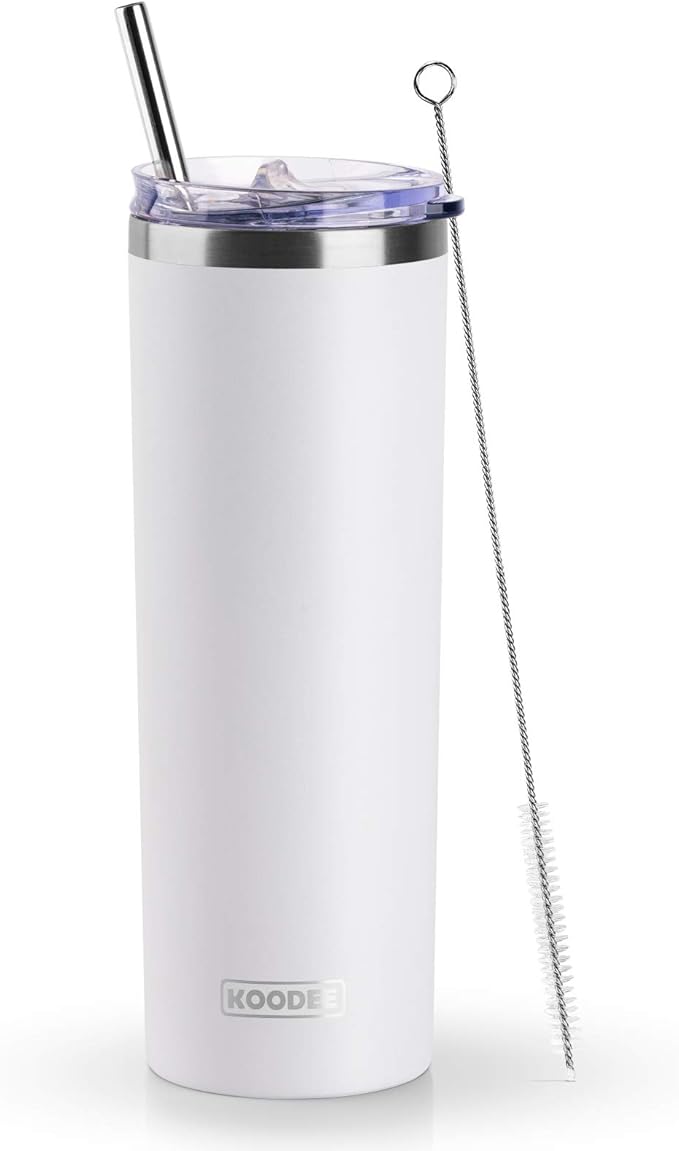 koodee 20 oz Skinny Tumbler Stainless Steel Double Wall Insulated Water Tumbler Cup with Straw, Slim Travel for Women/Men Diy Birthday Gift (White)