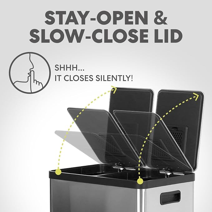 Simpli-Magic 16 Gallon (30L x 30L) Dual Compartment Step Trash Can – Kitchen Garbage Can with Slow-Close Lids – Waste & Recycling Bins, Odor Control, Hands-Free, Easy to Clean, Stainless Steel
