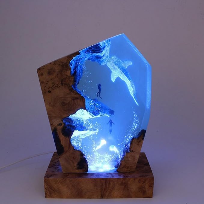Whale Shark Ocean Resin Lamp, Handmade Wooden Table Resin Night Light, USB Port Art Ornaments for Home Office Decor, Scuba Diver Gifts for Birthday Holiday, Valentine's Day Gifts for Husband