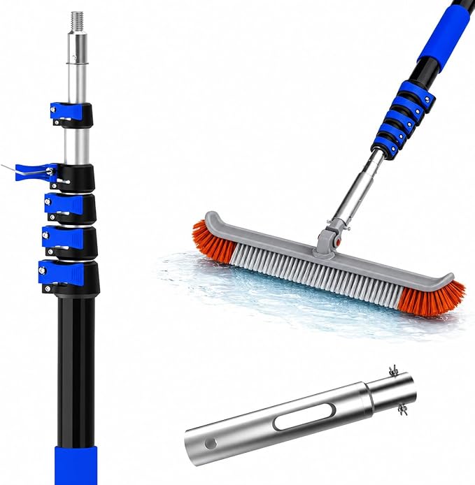 Pool Brush with 3-12FT Telescopic Pole, 18" Swimming Pool Cleaning Brush, Flip & Screw Dual Lock Adjustable Pole for Pool Wall Tile Floor Cleaning