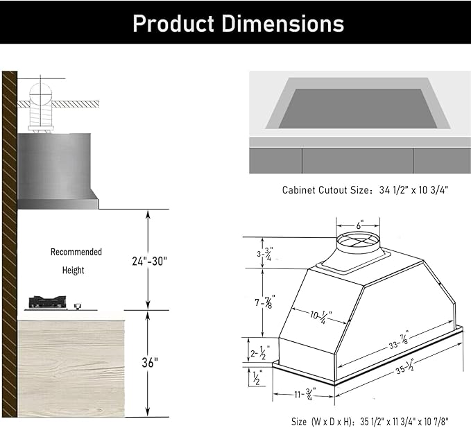 MCBON Range Hood Insert 36 Inch, 700 CFM Range Hood Insert, Ducted/Ductless Insert Range Hood, 3-Speed Vent Hood Insert, Stainless Steel Hood Range Insert, Built In Range Hood 36 Inch, Black,TE77-36