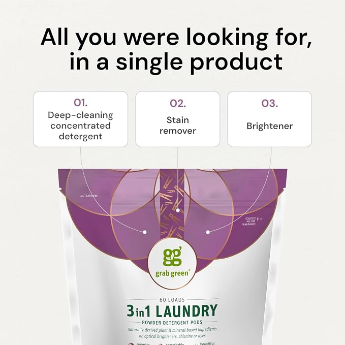 Grab Green 3-in-1 Laundry Detergent Pods, Lavender + Vanilla, 24 Count | Plant & Mineral-Based; Enzyme-Powered; Velcro Closure; Laundry Brightener; Stain Remover
