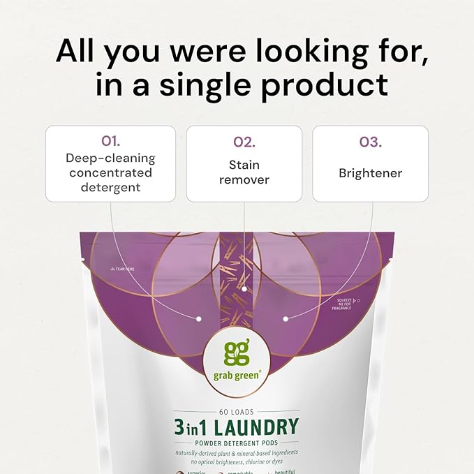 Grab Green 3-in-1 Laundry Detergent Pods, 132 Count, Fragrance Free | Plant & Mineral-Based; Enzyme-Powered; Velcro Closure; Laundry Brightener; Stain Remover