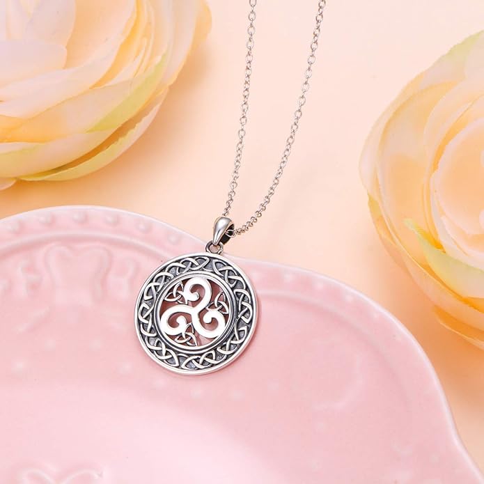 DAOCHONG 925 Sterling Silver Jewelry Oxidized Good Luck Irish Knot Celtic Medallion Round Pendant Necklace, 20 inch