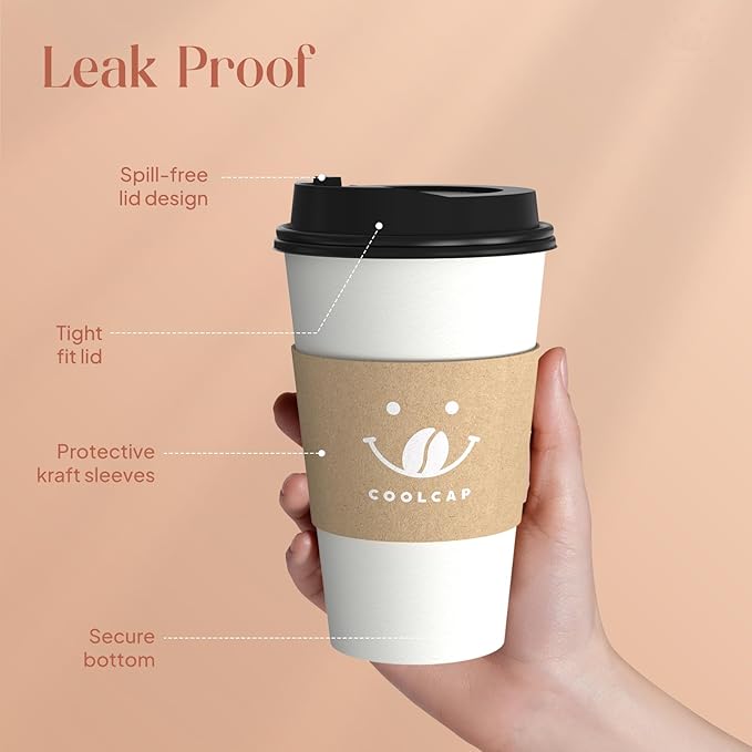 Coffee Cups with Lids and Sleeves, 16 Ounce 100 pack To Go Coffee Cups with Lids, Disposable Hot Coffee Paper Cups Bulk for Hot Beverage (16 Ounce, White)