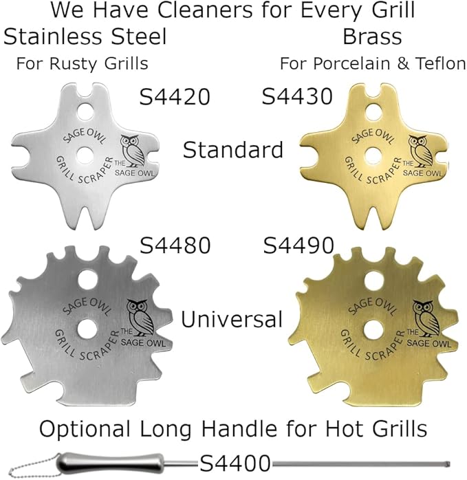 Sage Owl Bristle-Free Brass BBQ Grill Scraper Combo – Includes Stainless Steel Grill Cleaner for Outdoor Grills, Porcelain Grates Barbecue Tool and Accessories - Gifts for Men