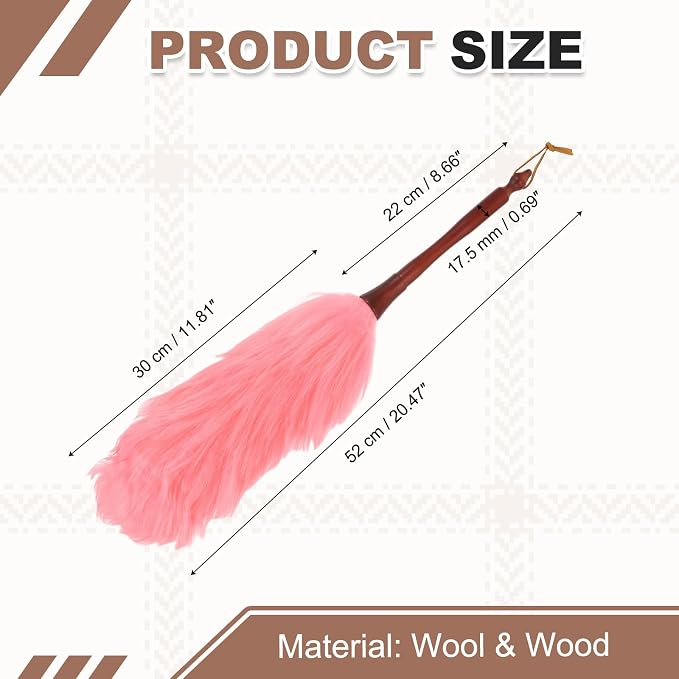uxcell Wool Duster, 20.5" Natural Feather Cleaner Household Cleaning Duster with Solid Wooden Handle for Cleaning Fans Window Blinds Shelves Furniture, Pink